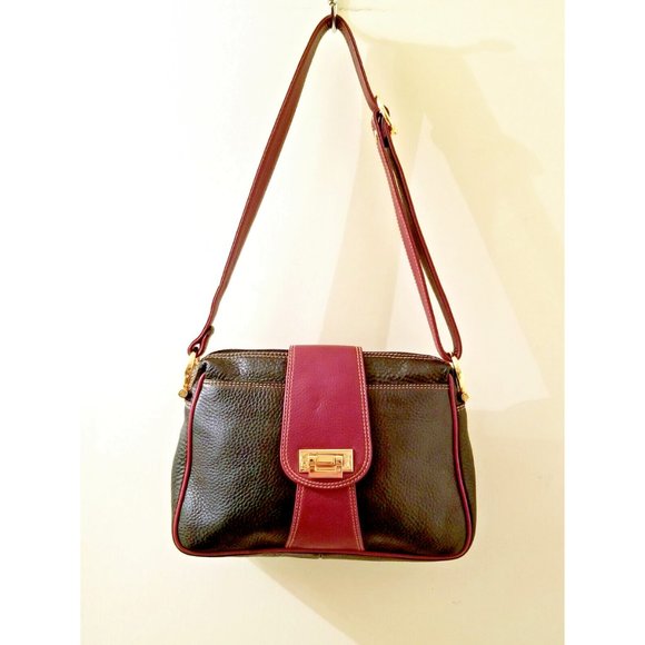 DOMINGO Black Pebbled Leather Shoulder Bag Brown Trim Gold Hardware Purse - Picture 1 of 12